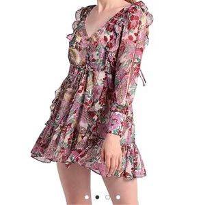 TopShop Ruffle Floral Mini Dress Lightweight Crepe Chiffon Button Bodice…